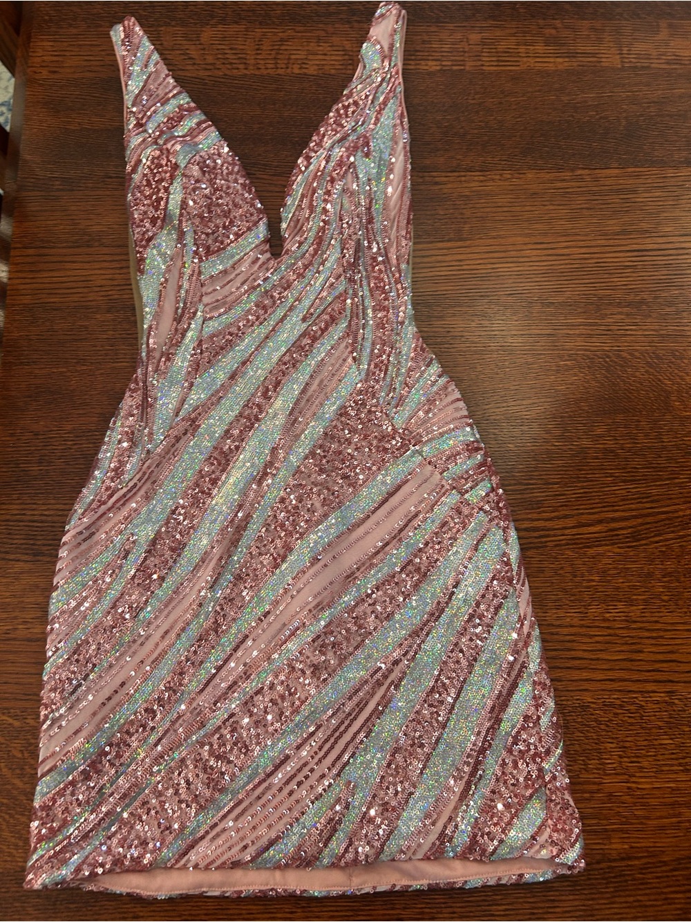 Jovani Rose and Iridescent Sequin V-Neck Mini Dress